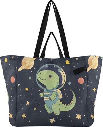 Generic Green Dinosaur Planet Stars print Reusable Canvas Tote Bag, Heavy Duty Grocery Shopping Bag with Hard Bottom Double Handles Large Capacity Work Grocer