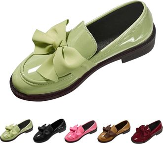 Generic Womens Anti-Slip Round Toe Slip-On Loafers, Bowknot Slope Heel Chunky Heel Shoes, for Business Casual Office Work & Everyday Wear (11.5,Green)