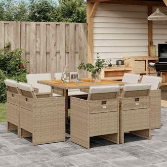 vidaXL Set Comedor De Jard&iacute;n 9 Pzas Con Cojines Rat&aacute;n Sint&eacute;tico Beige Vidaxl