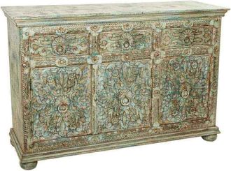 Wanderlust Deco Aparador de madera tallada verde 147x45x96