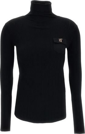Elisabetta Franchi Black Stretch Ribbed Turtleneck Top