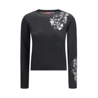 Max Mara Round-neck Knitwear, female, Black, Size: M Silk Sweatshirt with Ribbed Trims
