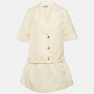 Ganni Ganni Cream Diagonal Stripe Crepe Frayed Mini Dress