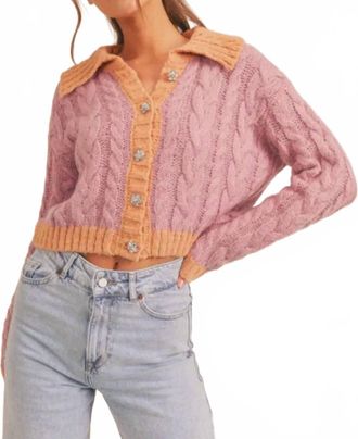 Lush Rose Cable Knit Cardigan In Lilac/apricot