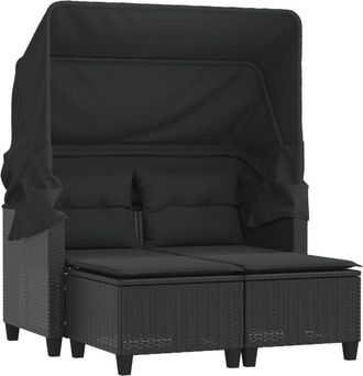 vidaXL Sof&aacute; De Jard&iacute;n 2 Plazas Con Toldo Y Taburetes Rat&aacute;n Pe Negro Vidaxl