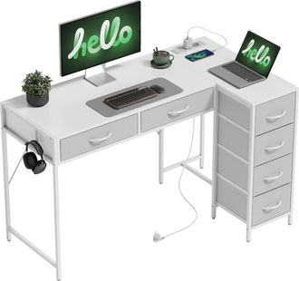 OEM Escritorio Esquinero Reversible Con 6 Cajones 126x48 Cm Con Toma De Corriente Puerto De Carga Usb Y Usb-c Blanco