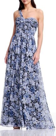 Dress The Population Idalia Metallic Floral One-Shoulder Gown in Navy Multi at Nordstrom, Size Xx-Small