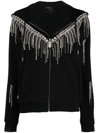 Philipp Plein Crystal-fringe hooded zip-up - Black