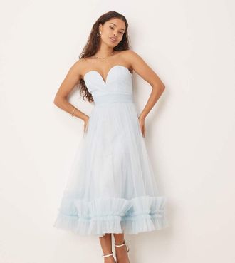 Lace & Beads Petite corset tulle ruffle hem midaxi dress in sky blue
