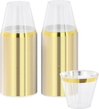 Elama 100 Piece 9 Ounce Disposable Plastic Gold Rimmed Party Cup Set at Nordstrom