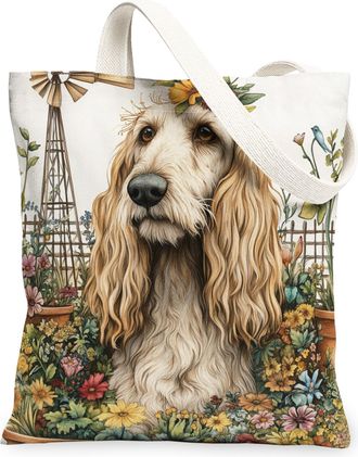 Generic Spring Afghan Hound Dog Canvas Tote Bag for Shopping 13x15, Farmhouse Country Puppy Reusable Grocery Print Bag for Women, Farm Pet Beach Aesthetic Pai