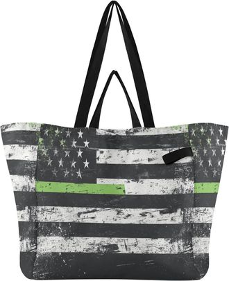 Generic Black Green Flag print Reusable Canvas Tote Bag, Heavy Duty Grocery Shopping Bag with Double Handles Hard Bottom Large Capacity Work Groceries Travel