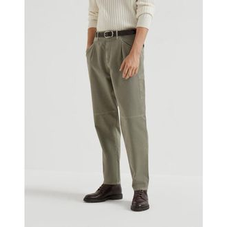 Brunello Cucinelli Mens Kaky Old Cotton Relaxed Trousers, Size 52