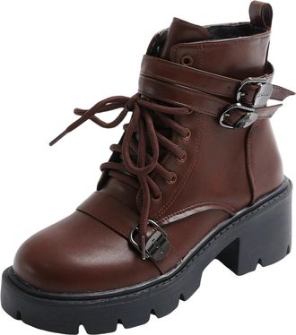 Generic Brown Womens Patent Leather Thick Sole Lace Up Ankle Boots for Fall and Winter Comfortable Height Enhancing Design for Outdoor Activities