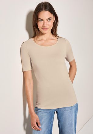 Cecil T-Shirt CECIL Style Lena, Damen, Gr. XXL (46), lila (pearl beige), Jersey, Obermaterial: 100% Baumwolle, unifarben, k&ouml;rpernah h&uuml;ftlang, Rundhals, abge