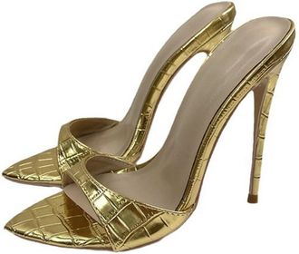 Generic Gold,7.5 UK,Womens PU Leather Pumps Pointed Open Toe Stiletto High Heels Slip On Backless Slides Summer Formal Wedding Party Dress Sandals Shoes