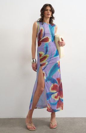 Topshop Floral Side Slit Mesh Midi Dress in Purple at Nordstrom, Size X-Small