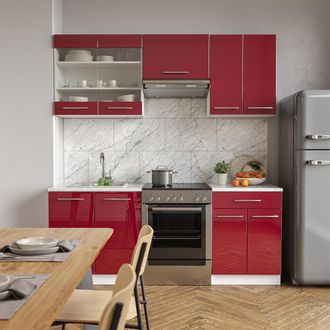 Vicco Mueble De Cocina Fame-line, Rojo Burdeos Alto Brillo, 200 Cm Sin Encimera