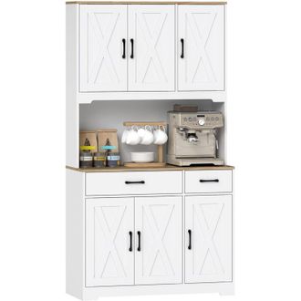HOMCOM Homcom Alacena De Cocina Alta, Con 6 Puertas, Encimera Para Microondas, 2 Cajones, Estantes Ajustables, Orificio Para Cable, 94x39,5x175,2 Cm, Blanco