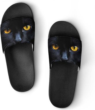 Generic Black Cat with Yellow Eyes Shower Shoes Slipper for Women Men Beach Slippers Quick Drying Non Slip Open-Toe Sandals