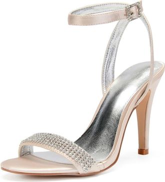 Generic Wedding Bridal Shoes Womens Satin Ankle Strap Bridal Open Toe Prom Party Dress Stiletto Sandals 10.5,Champagne,10 UK