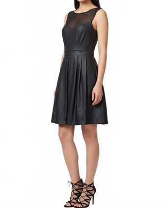 Ali Ro Illusion Mesh Faux-Leather Fit And Flare Party Dress In Black