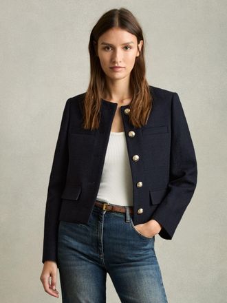 Reiss Navy Cropped Wool Single Breasted Jacket, 18