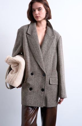 Topshop Oversize Herringbone Twill Double Breasted Blazer in Black Multi at Nordstrom, Size Large