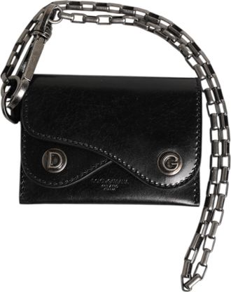 Dolce & Gabbana Zwarte Cavallo Leren Portemonnee Ketting Drukknop Bifold Kaart Houder