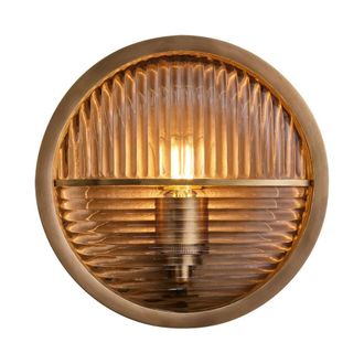 Industville Bulkhead Outdoor & Bathroom Round Wall Light - Brass - Ribbed Glass in Metallic Gold | Size: Medium