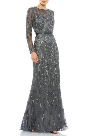 Mac Duggal Abstract Beaded Long Sleeve Evening Gown in Charcoal at Nordstrom, Size 24
