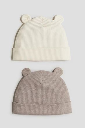 H&M 2-pack Ribbed Ear-detail Beanies in Light Beige/dark Beige Melange at Nordstrom, Size 9-12 M