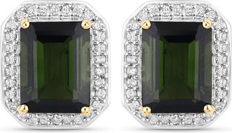 Diana M. Jewels Green Tourmaline Octagon 8x6mm - 2Pcs + White Diamond F/C Round 0.90mm( I1-I2/I color ) - 60Pcs ( White Pen Rhodium ) ( Push Post )