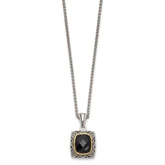 Diamond2Deal Sterling Silver with 14K Accent Checkerboard-cut Black Onyx Pendant Necklace