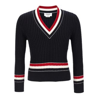Thom Browne V-neck Knitwear, male, Blue, Size: XL Braid Cotton Sweater
