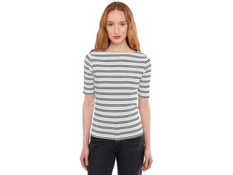 Sanctuary Boatneck Ribbed Top Womens Clothing Chalk/Black Stripe : LG (US 10-12), Cotton/Spandex