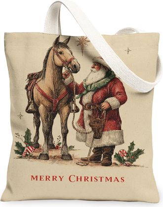 Generic Christmas Vintage Canvas Tote Bags, Santa Horse Design Reusable Grocery Bags, Holiday Lightweight Washable Shoulder Strap C, Beige, 13x15 Inch