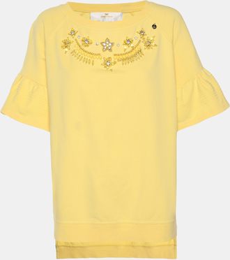 Elisabetta Franchi Yellow Stretch Cotton Jeweled Embellished Top