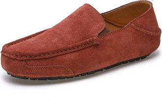 Generic Mens Loafers for Men Genuine Leather Suede Vamp Round Toe Stitching Details Anti-Slip Flexible Flat Heel Comfortable Lightweight Driving Fashion(Brick