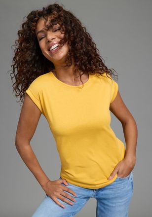 Boysen's T-Shirt BOYSENS, Damen, Gr. 34 (XS), gelb, Jersey, Obermaterial: 50% Baumwolle, 50% Polyester, unifarben, Basic, figurumspielend, Rundhals, mit Aufsch