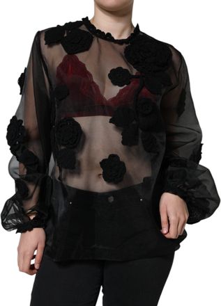 Dolce & Gabbana Womens Black Nylon Mesh Transparent Floral Blouse Polyester