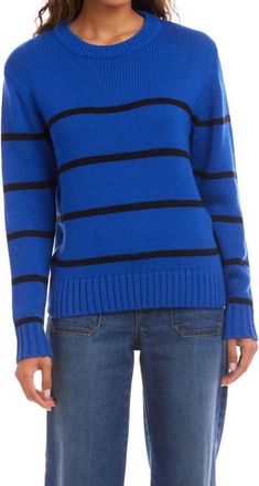 Karen Kane Stripe Crewneck Sweater In Sapphire With Black