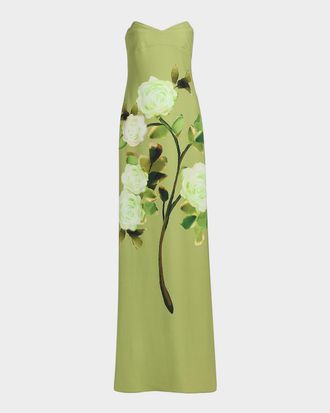 Badgley Mischka Strapless Floral Print Column Gown