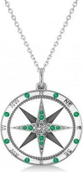 Allurez Compass Pendant For Men Emerald & Diamond Accented 14k White Gold (0.45ct)