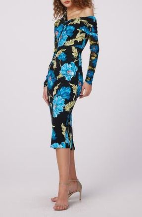 Diane Von F&uuml;rstenberg Rich Floral Asymmetric Neck Long Sleeve Midi Dress in Hendrix Floral Dark Teal Lg/sm at Nordstrom Rack, Size Xx-Small
