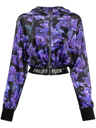 Philipp Plein floral-print cropped hoodie - Black