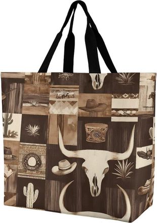 Generic Bull Skull Western Pattern Large Reusable Shopping Bag Lightweight Foldable Tote Bags Washable Shoulder Handbag