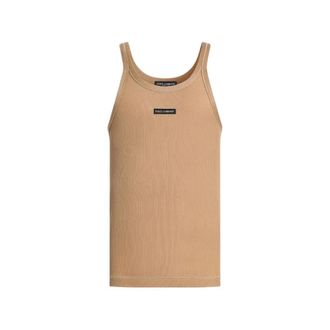 Dolce & Gabbana Sleeveless Tops, male, Beige, Size: M Cotton Tank Top with Label