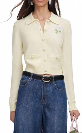 Self Portrait Flower Embroidered Knit Cardigan In Yellow