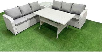 Fimous Outdoor Garden Furniture Sets 6 Seater Wicker Rattan Furniture Sofa Sets with Rectangular Dining Table high Back Lounge Sofa 2 Side Table Light Grey